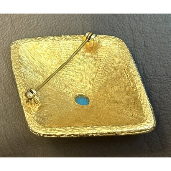 Vintage FLORENZA Blue & Green Enamel Gold Tone Brooch Geometric Modernist - Picture 4 of 8